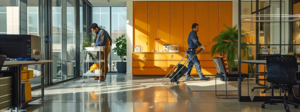 a cleaning team meticulously customizes their services to fit the unique needs of a bustling office space, ensuring a consistently clean and professional environment.