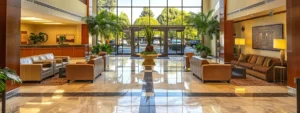 a gleaming office lobby with crystal-clear windows and spotless floors, showcasing the hidden benefits of professional commercial cleaning services.