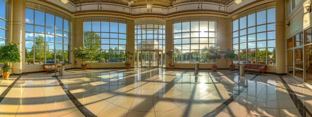 a gleaming, spotless office lobby with shining windows and pristine floors welcomes clients, radiating professionalism and attention to detail.